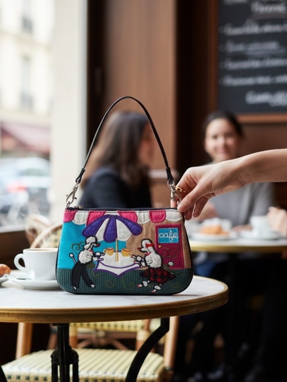 Vintage style small wristlet featuring two poodles having a cup of coffee